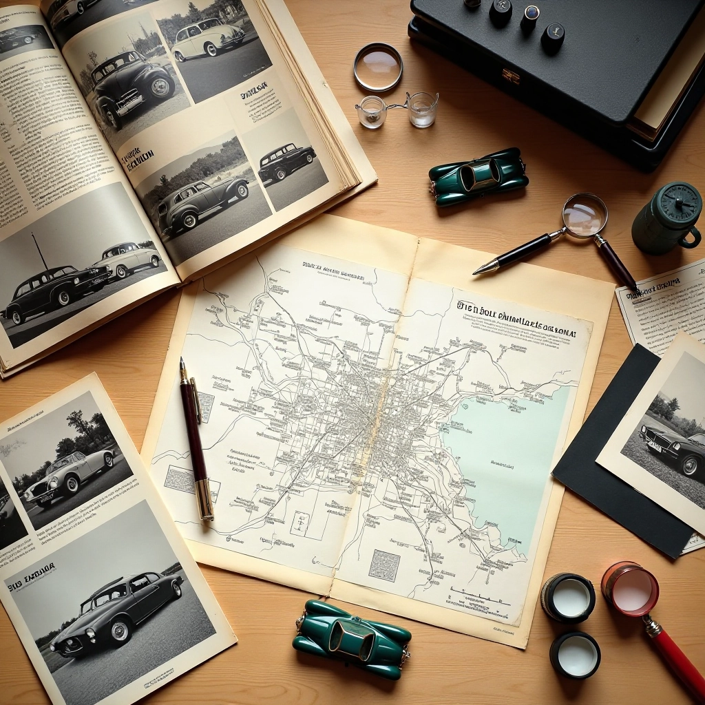 Redakcijos komandos darbo aplinka su dokumentais, užrašais ir tyrimų medžiaga apie retro automobilius