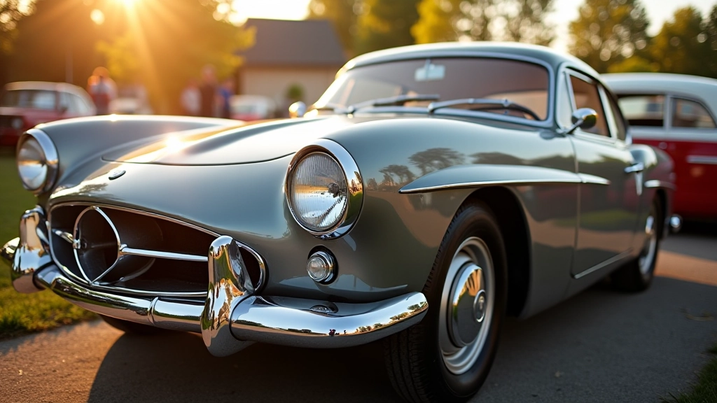 Antikvarinis automobilis su metalinės spalvos dažais blizgint saulėje
