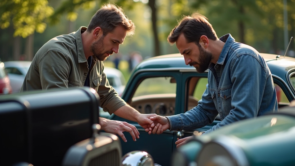 Entuziastai diskutuoja prie klasikinio automobilio
