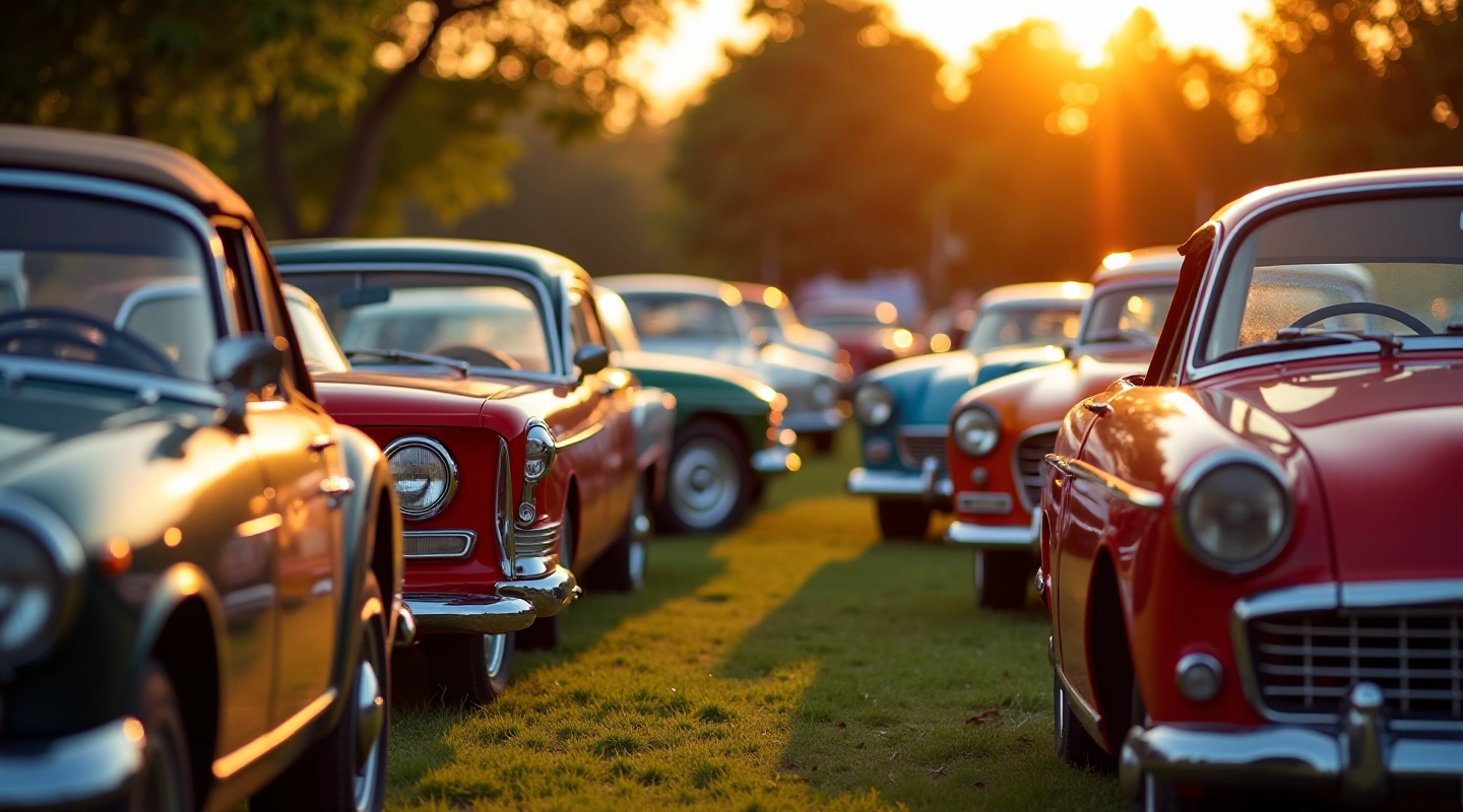 Klasikiniai automobiliai retro parodoje, Kauno miesto parke, saulėlydžio šviesa