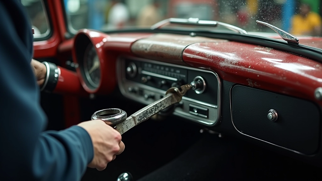 Automobilio skydelio detali valymo ir restauracijos procesas, rodantis prieš ir po rezultatus