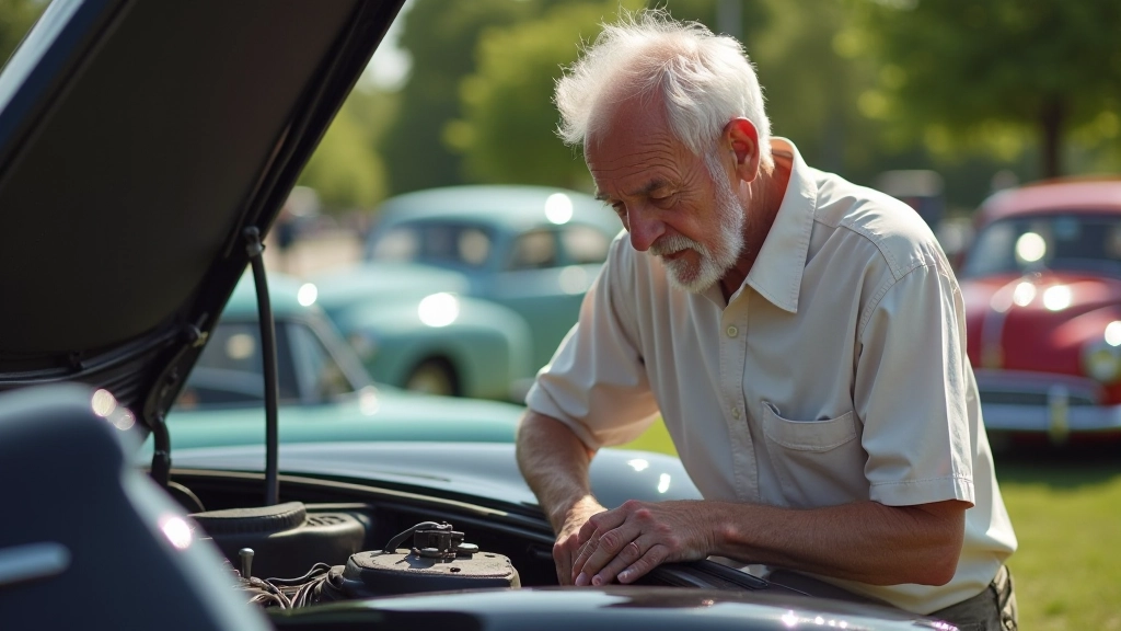 Automobilių entuziastai tyrinėja klasikinę mašiną retro parodos metu, apžiūrėdami detalės ir aptarę istorijas