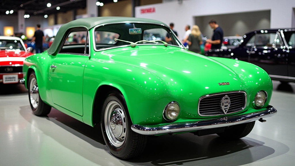 Žalias retro automobilis parodytos aikštėje su jausmingu nuotrauka