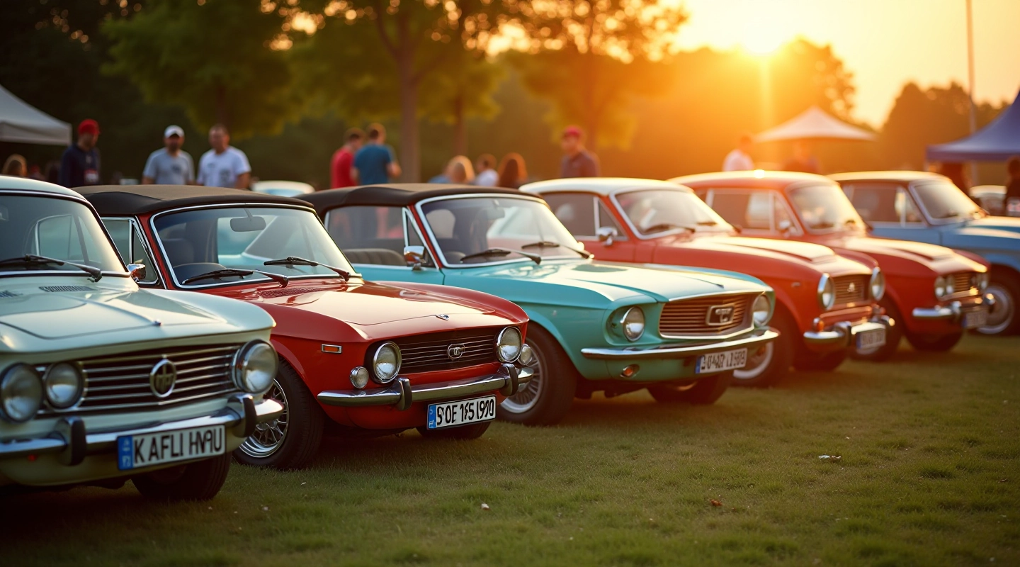 Retro automobiliai parodoje su šviesiomis spalvomis